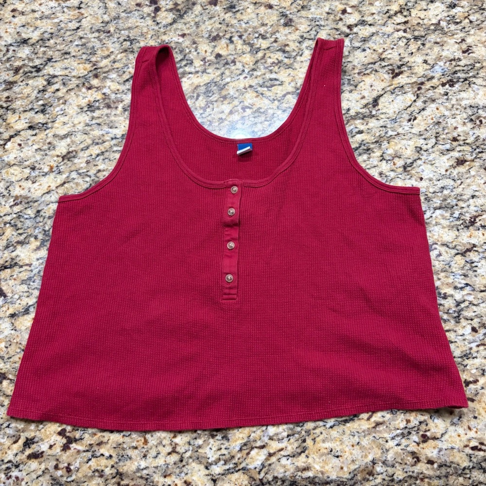 Old Navy Womens Waffle Knit Henley Tank Top Red Sleeveless Thermal Scoop Neck L